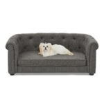 Pet Sofa With Arc-shaped Backrest And Armrests, Contemporary Rectangular Pet Sofa Crafted From Breathable Linen Cozy Soft Cushion Dog Sofa - Image 4