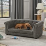 Pet Sofa With Arc-shaped Backrest And Armrests, Contemporary Rectangular Pet Sofa Crafted From Breathable Linen Cozy Soft Cushion Dog Sofa