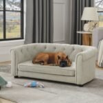Pet Sofa With Arc-shaped Backrest And Armrests, Contemporary Rectangular Pet Sofa Crafted From Breathable Linen Cozy Soft Cushion Dog Sofa - Image 3