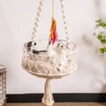 MEWOOFUN Boho Macrame Cat Swing - Handwoven Hanging Bed With Soft Mat & Toy For Indoor Cats, Decorative Hammock For Sleeping & Play Beige - Image 7