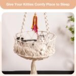 MEWOOFUN Boho Macrame Cat Swing - Handwoven Hanging Bed With Soft Mat & Toy For Indoor Cats, Decorative Hammock For Sleeping & Play Beige - Image 2
